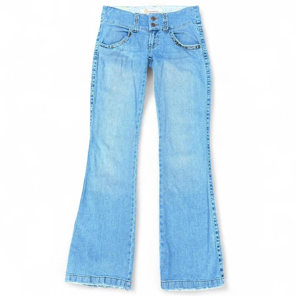 Cavaricci Y2K Blue Denim Bootcut Flare Jeans Studded Low Rise Womens Size 9